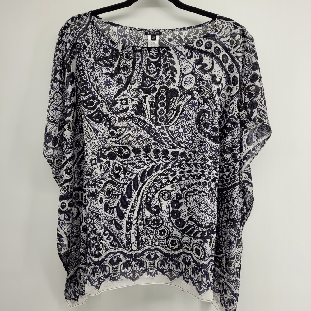 Talbots Womens XS‎ Navy Blue Black White Paisley Cotton Silk Poncho Boho Blouse